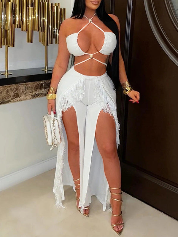 Solid Halter Top & Fringe Pants Set