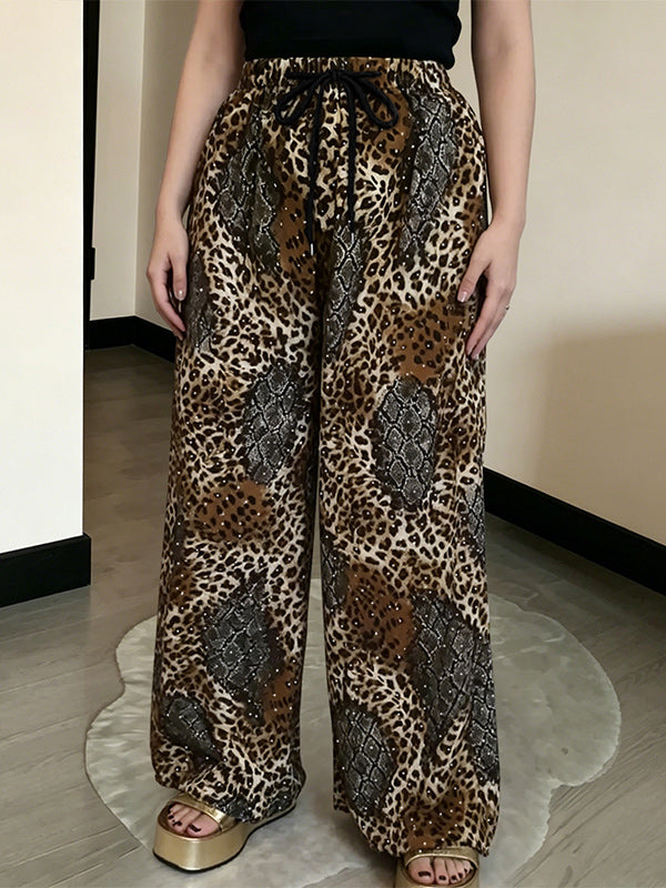 Studded Printed Wide-Leg Pants