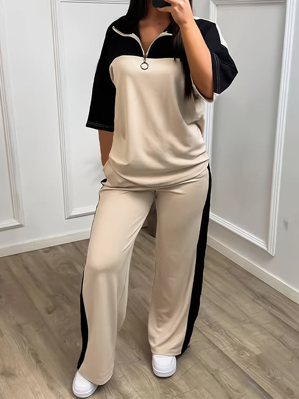 Color Block Half Zip Wide Leg Pants Set