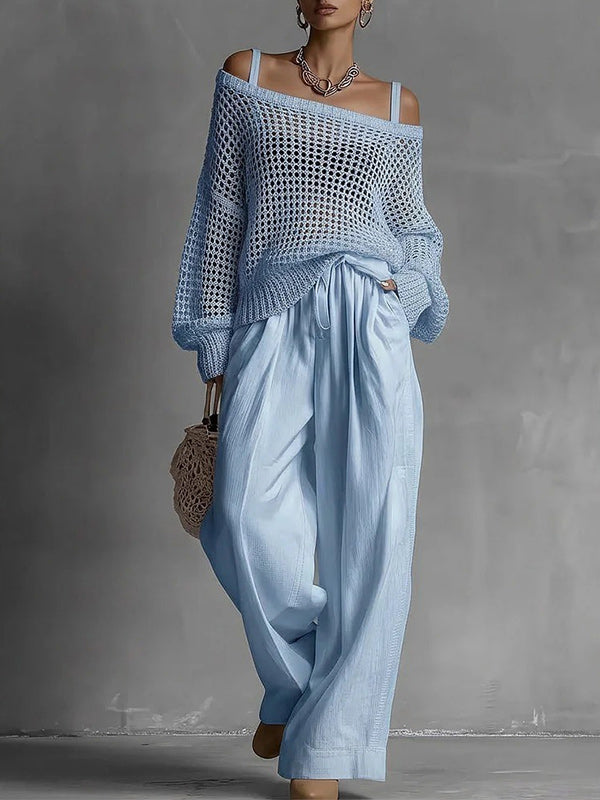 Crochet Knit Sweater Wide Leg Pants Set