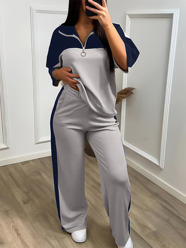 Color Block Half Zip Wide Leg Pants Set