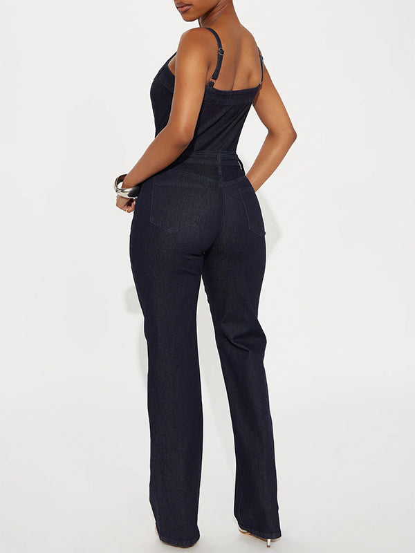Button-Front Sleeveless Denim Jumpsuit