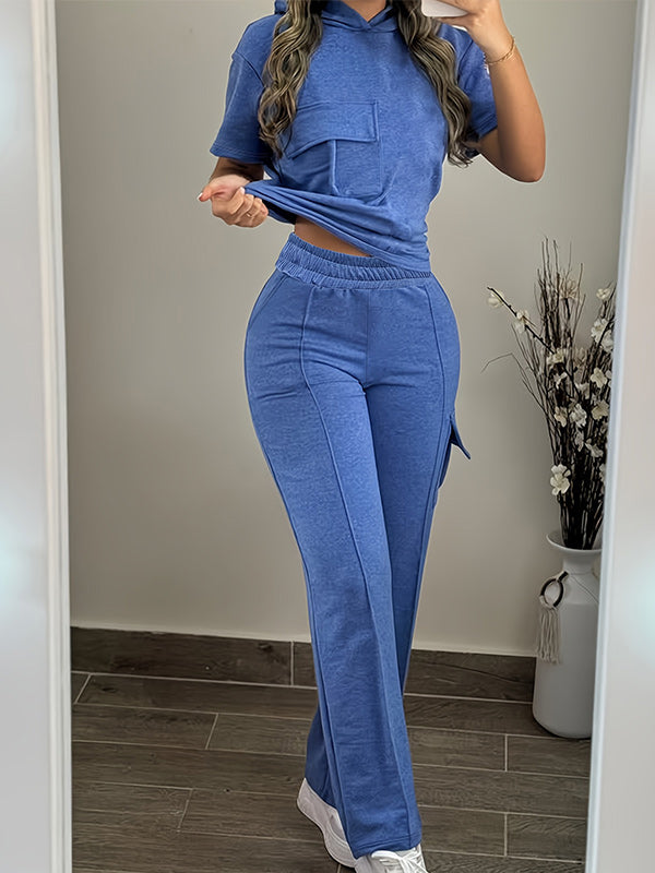 Short Sleeve Hooded Wide Leg Pants Set
