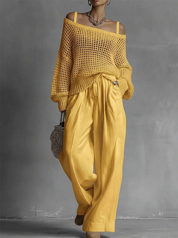 Crochet Knit Sweater Wide Leg Pants Set