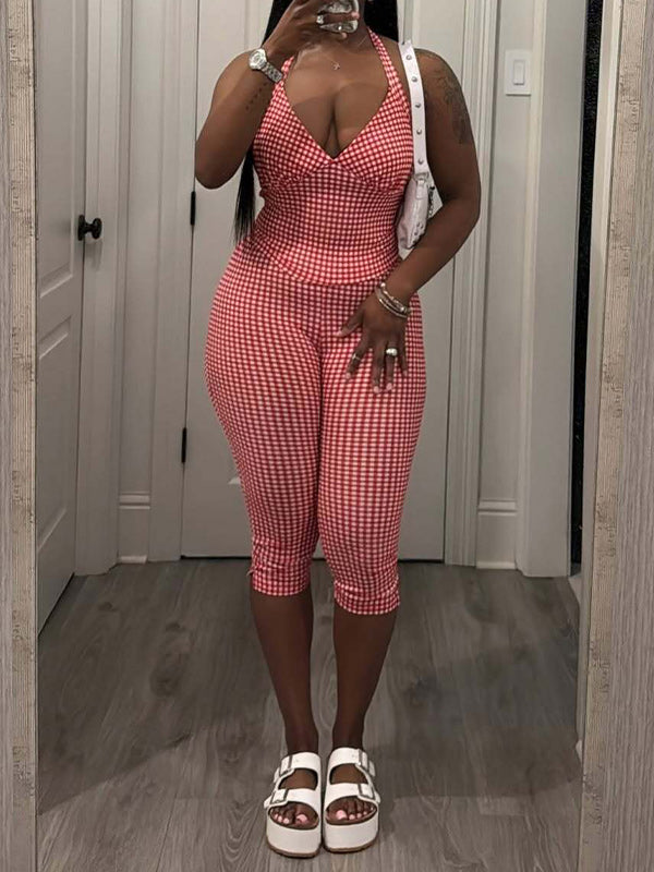 Vichy Plaid Halter Top & Capri Pants Set