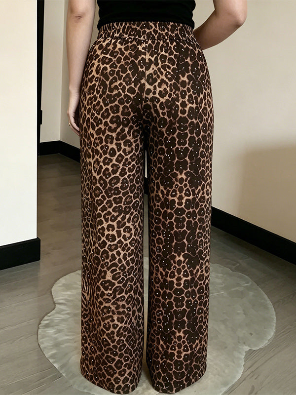 Studded Printed Wide-Leg Pants