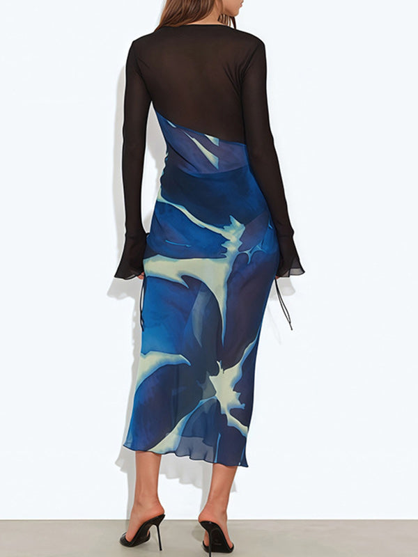 Printed-Combo V-Neck Sheer Dress