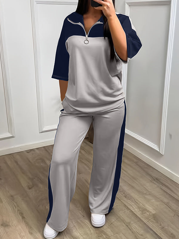 Color Block Half Zip Wide Leg Pants Set