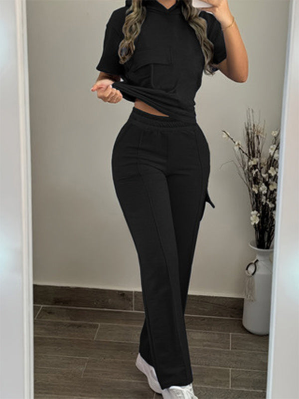 Short Sleeve Hooded Wide Leg Pants Set