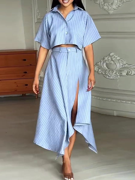 Stripe Shirt & Slit Skirt Set
