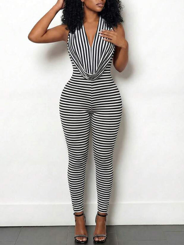 Stripe Cowl-Neck Halter Jumpsuit