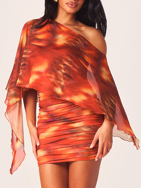 Printed Boat-Neck Ruched Dress