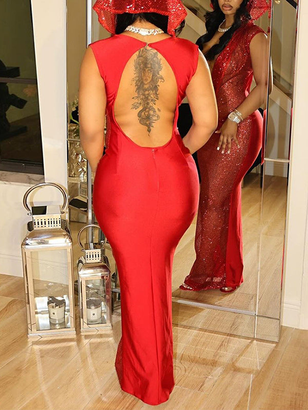 Hooded Sequin Deep Plunge Maxi Dress
