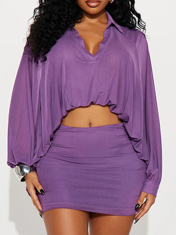Collared Batwing Crop Top Mini Skirt Set