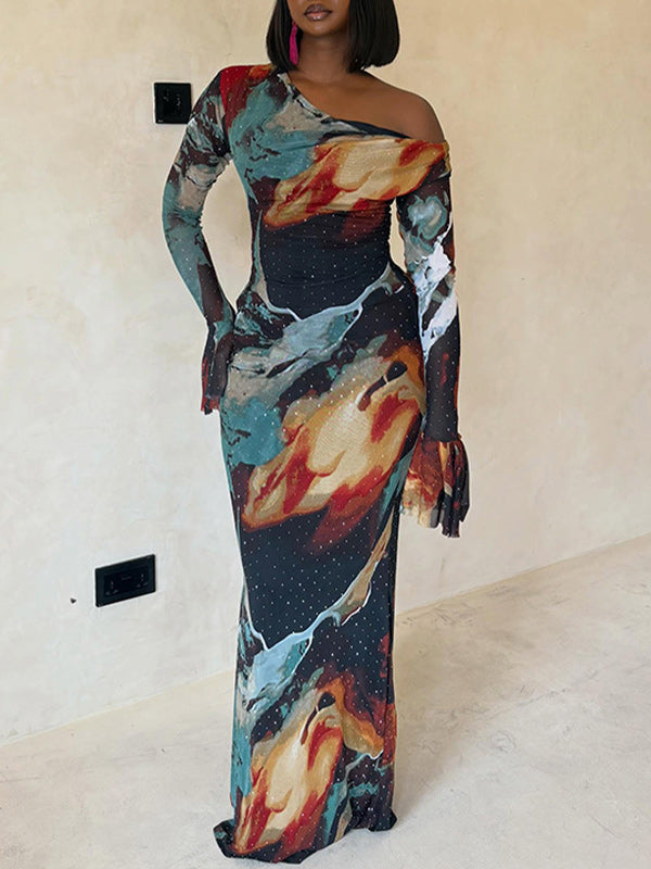 Printed Boat-Neck Maxi Dress