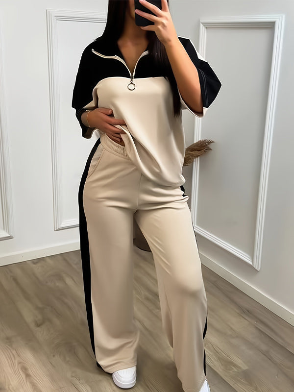 Color Block Half Zip Wide Leg Pants Set