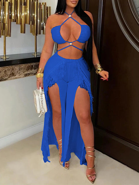 Solid Halter Top & Fringe Pants Set