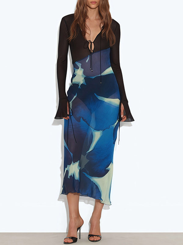 Printed-Combo V-Neck Sheer Dress