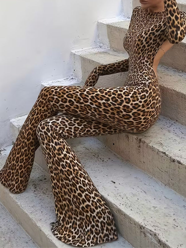 Leopard Print Open Back Flare Leg Jumpsuit