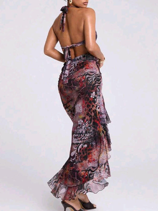 Printed Halter Slit Dress