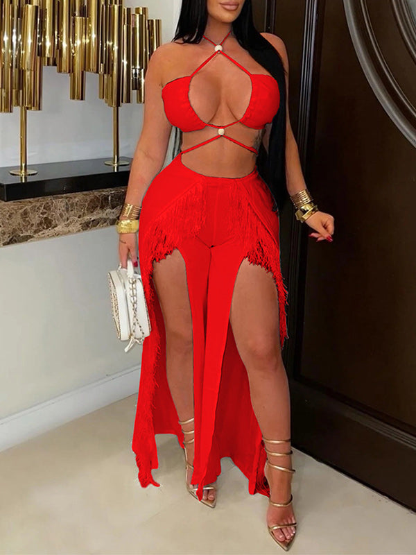 Solid Halter Top & Fringe Pants Set