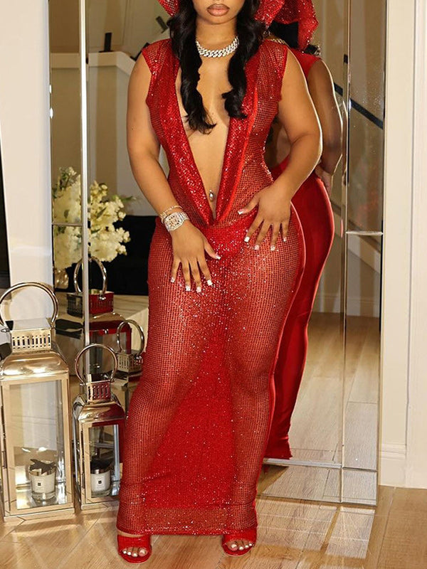 Hooded Sequin Deep Plunge Maxi Dress