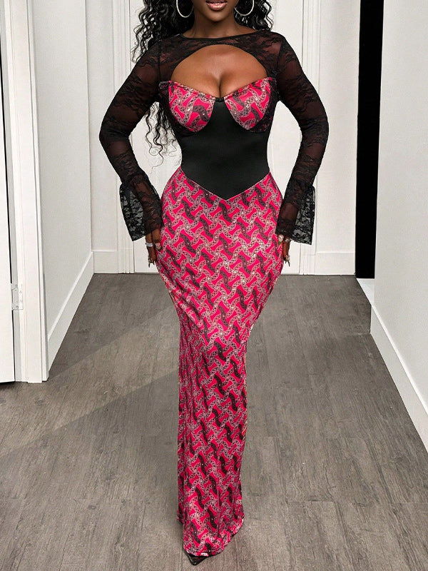 Lace-Combo Cutout Maxi Dress