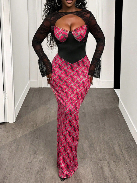 Lace-Combo Cutout Maxi Dress