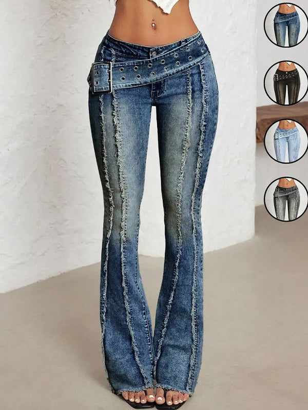 Belted Fringe Flared Jeans