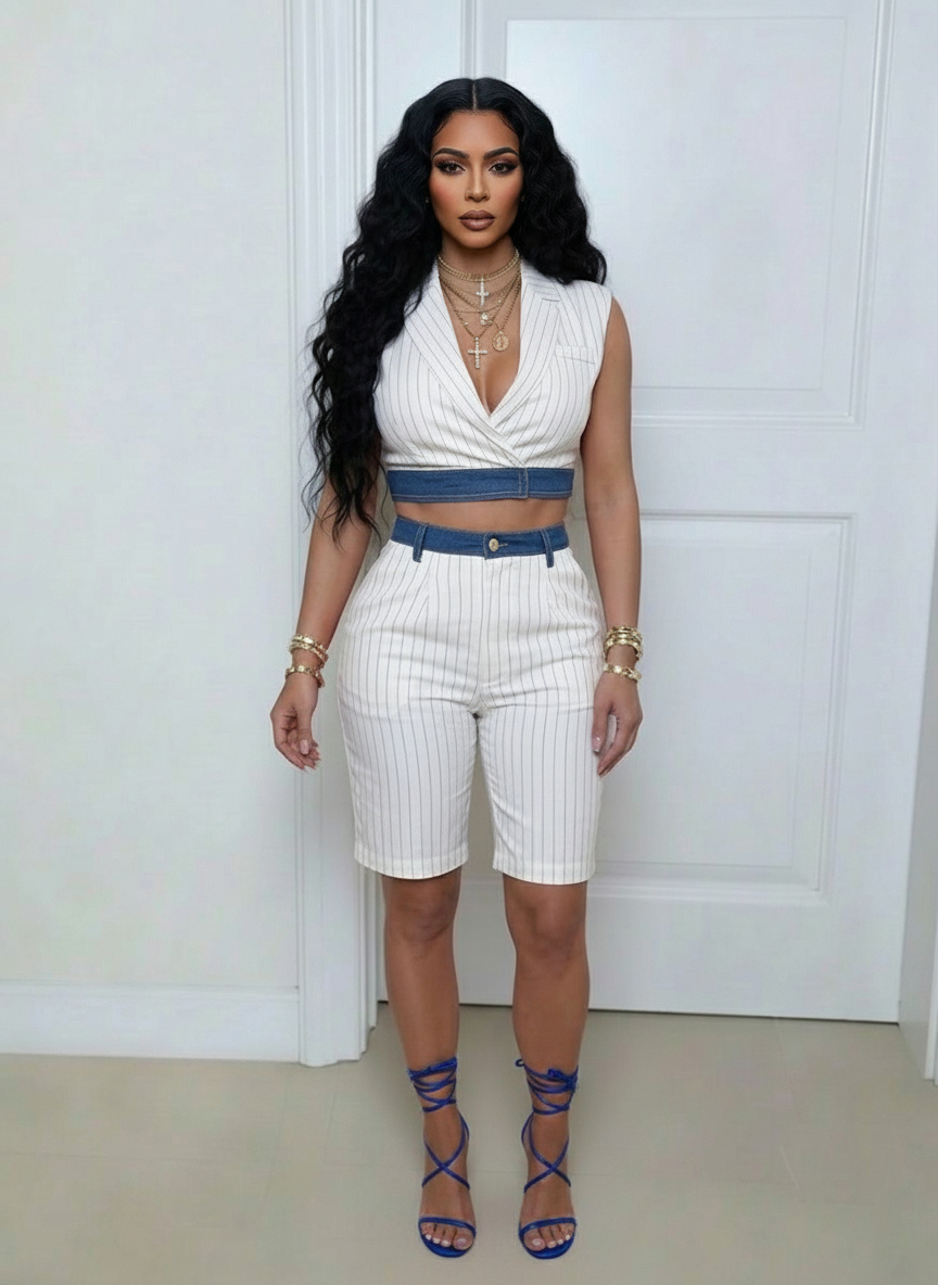 Denim Combo Stripe Vest & Shorts Set