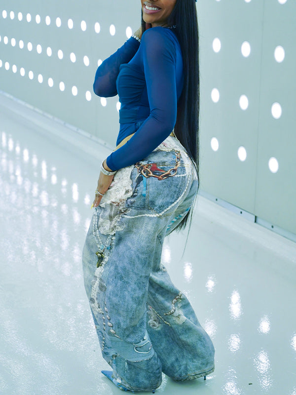 Print Straight‑Leg Jeans