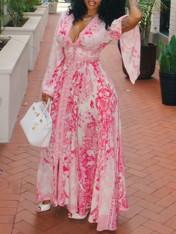 Printed V-Neck Waist-Cinched Dress