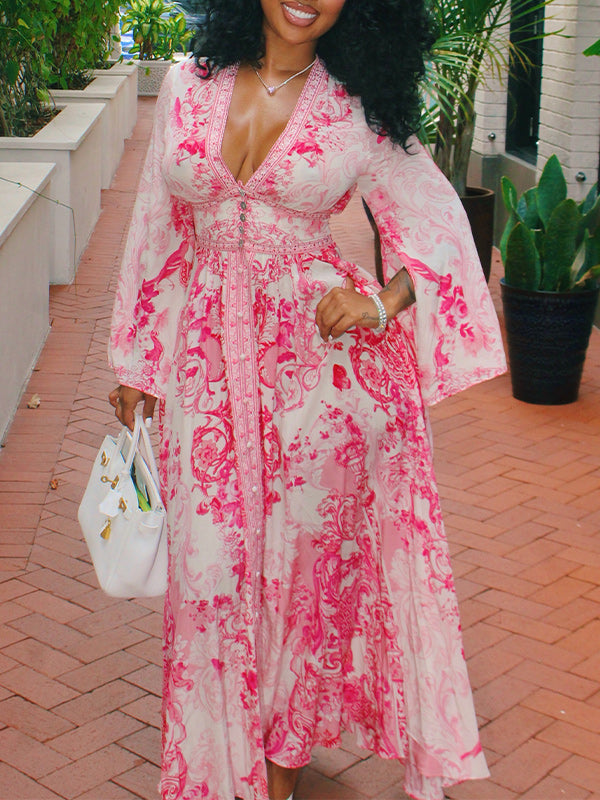 Printed V-Neck Waist-Cinched Dress