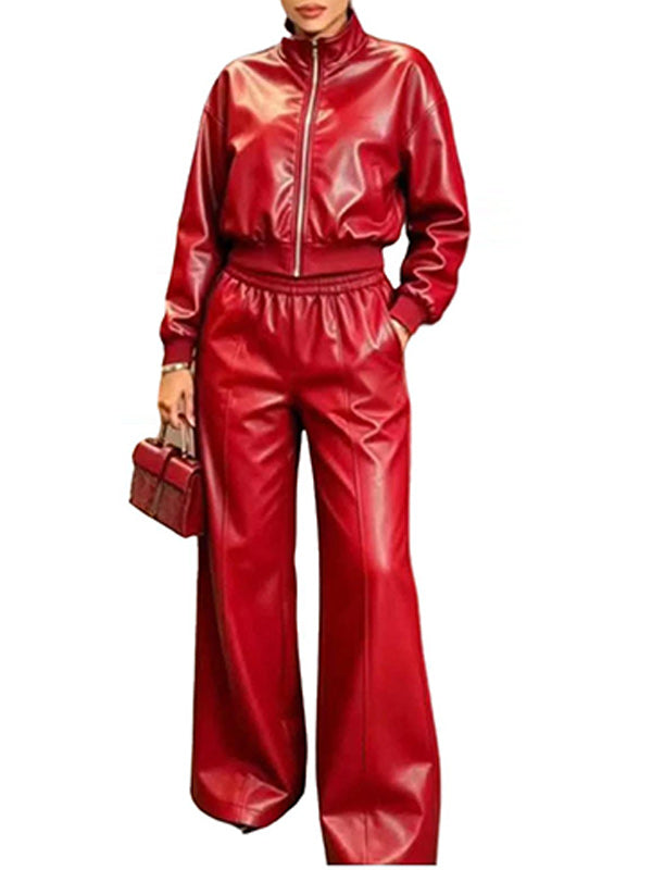 Faux Leather Cropped Top & Wide Leg Pants Set