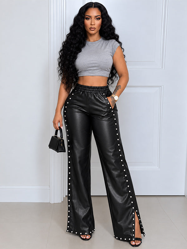 Studded Slit Faux-Leather Pants