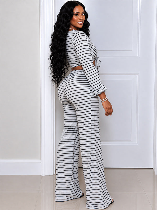 Stripe V-Neck Tied Top & Pants Set