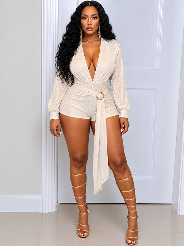 Solid V-Neck Tie Waist Romper