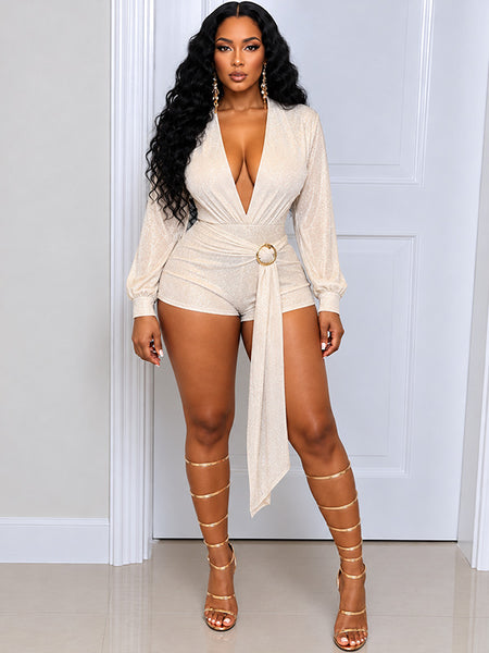 Solid V-Neck Tie Waist Romper