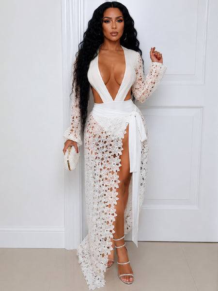 Lace V-Neck Bodysuit & Tied Skirt Set
