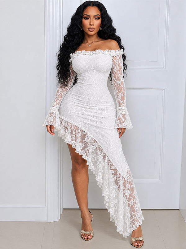 Lace Off‑Shoulder Asymmetrical Maxi Dress