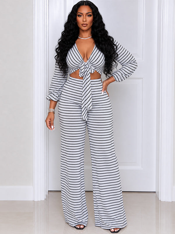 Stripe V-Neck Tied Top & Pants Set