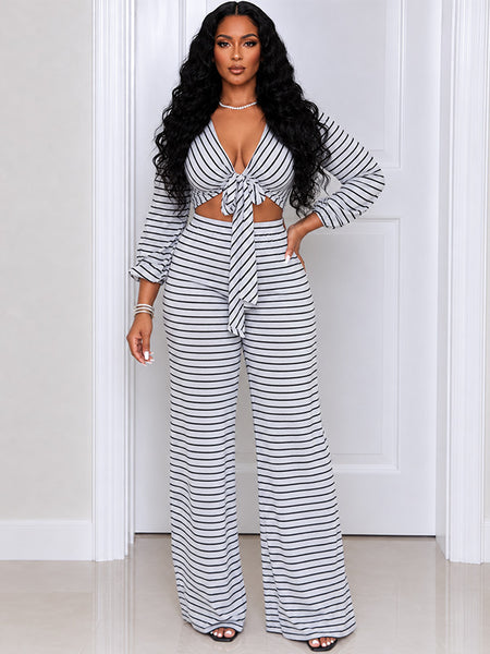 Stripe V-Neck Tied Top & Pants Set