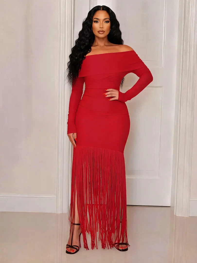 Off-Shoulder Fringe Dress