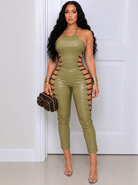 Faux-Leather Cutout Halter Jumpsuit