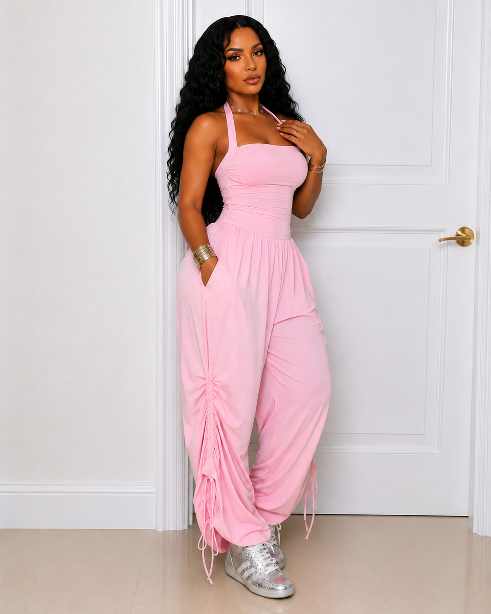 Solid Halter Ruched Jumpsuit