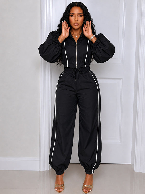 Stripe Puff-Sleeve Jacket & Pants Set