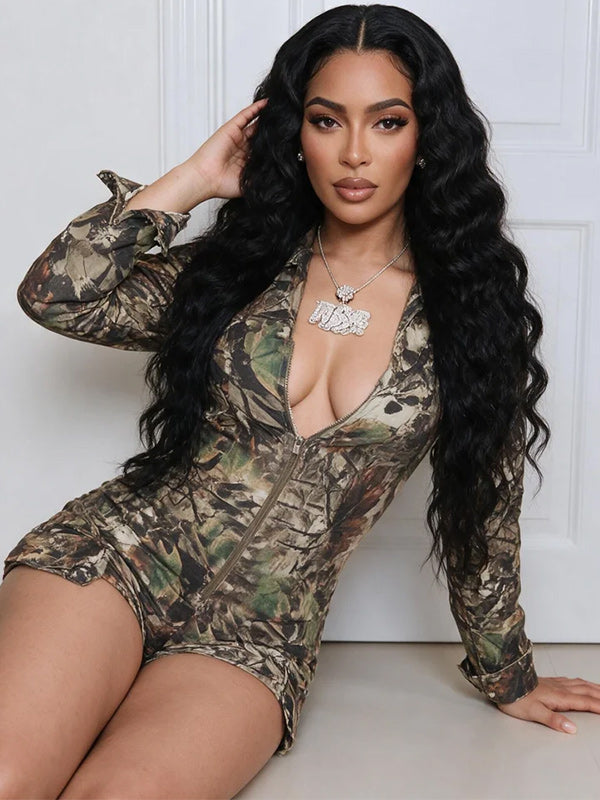 Printed Zip-Front Cargo Romper