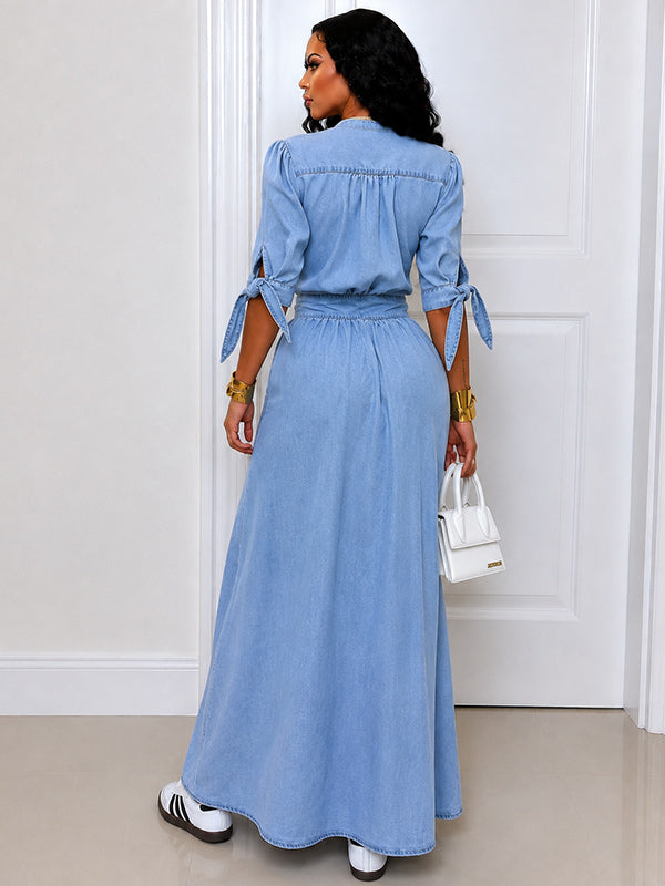 V-Neck Button-Front Denim Dress