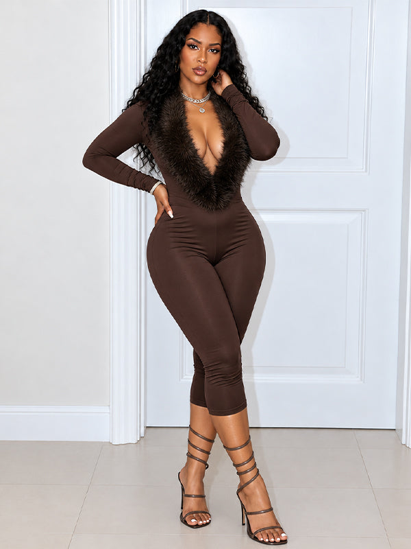 Faux-Fur Combo Capri Jumpsuit