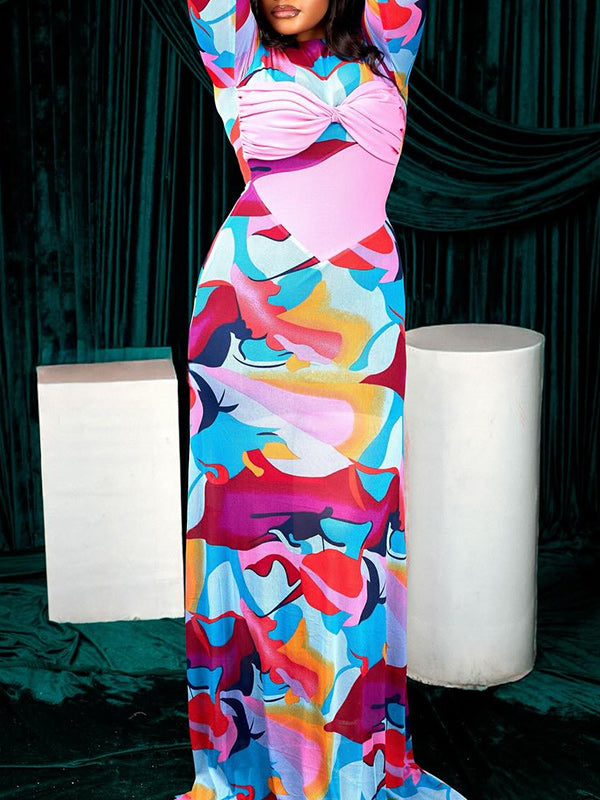 Printed Bell Sleeve Bodycon Dress